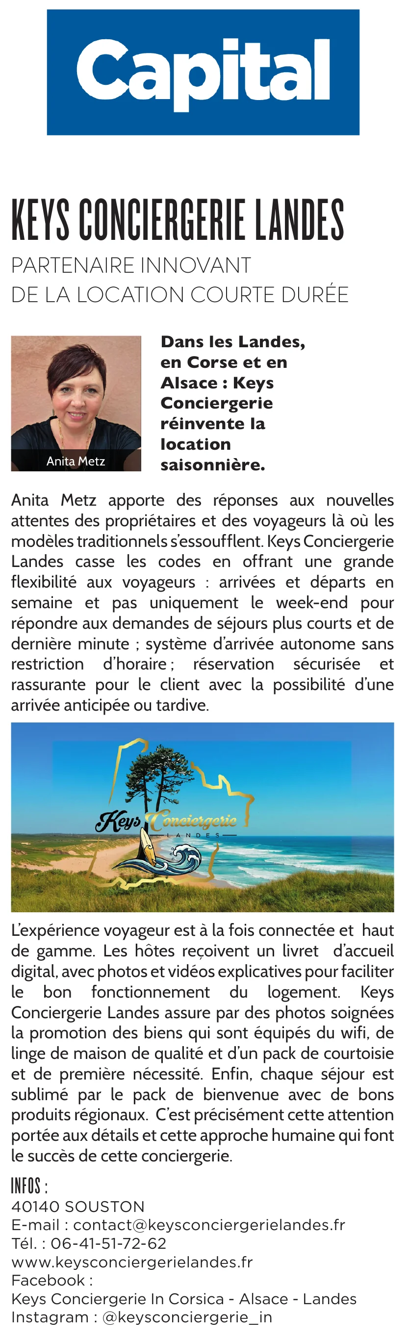 Article Capital « Les entreprises du mois » – Keys Conciergerie Landes : texte intégral